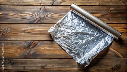 Unrolled aluminum foil on a rustic wooden table, showcasing kitchen essentials , kitchen, essentials, aluminum foil photo