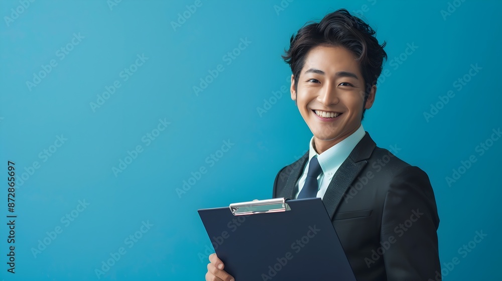 Smiling Hallyu Businessman Holding Clipboard in Neo Pop Styled Corporate Portrait Against Vibrant Blue Background Smiling Hallyu Businessman Holding Clipboard in Neo Pop Styled Corporate Portrait Against Vibrant Blue Background