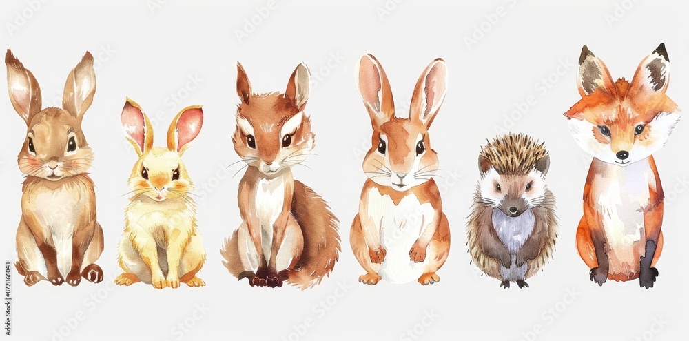 Animal set in watercolor style of rabbit, fox, bunny, bear, squirrel, hedgehog, bird, hare, raccoon, sparrow. Isolated stock. Animal set in watercolor style of rabbit, fox, bunny, bear, squirrel, hedgehog, bird, hare, raccoon, sparrow. Isolated stock.