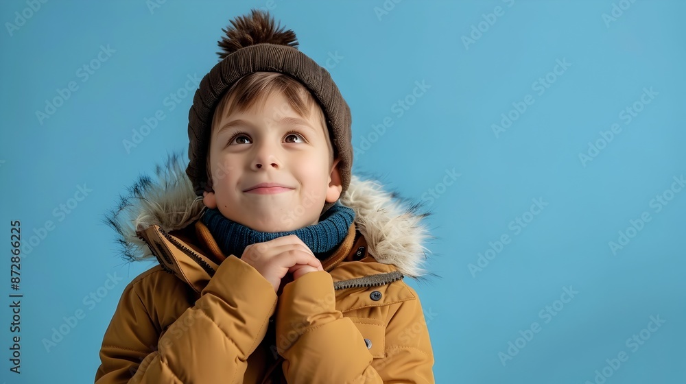 Smiling Young Boy in Cozy Winter Parka with Neo Pop Sensibility on Serene Blue Background Smiling Young Boy in Cozy Winter Parka with Neo Pop Sensibility on Serene Blue Background