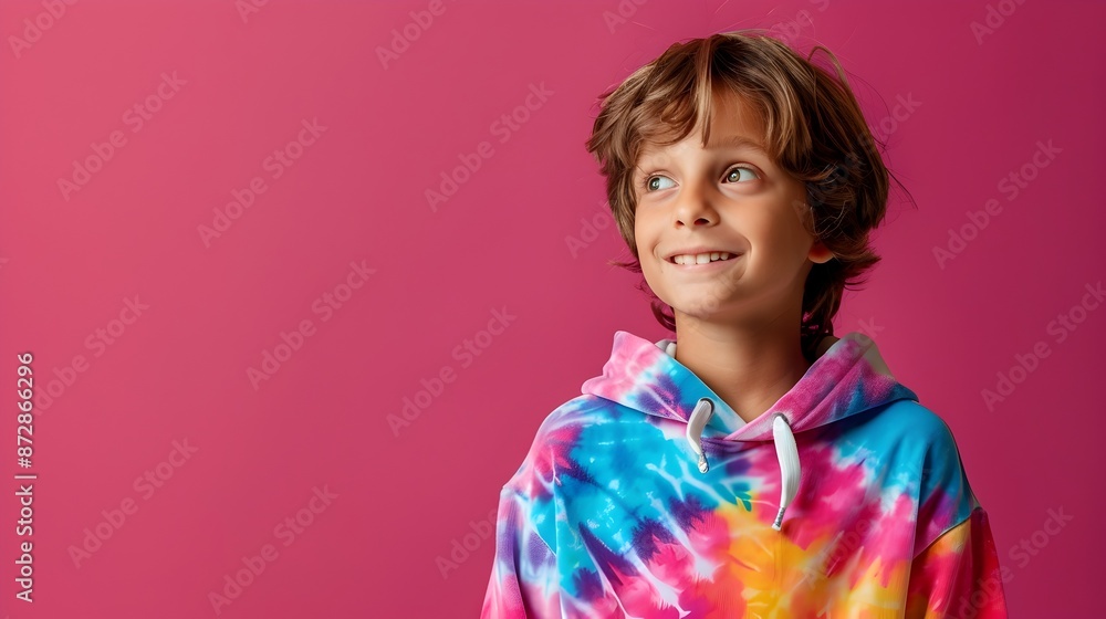 Smiling Young Boy Thinking in Stylish Tie Dye Hoodie on Vibrant Fuchsia Background Smiling Young Boy Thinking in Stylish Tie Dye Hoodie on Vibrant Fuchsia Background
