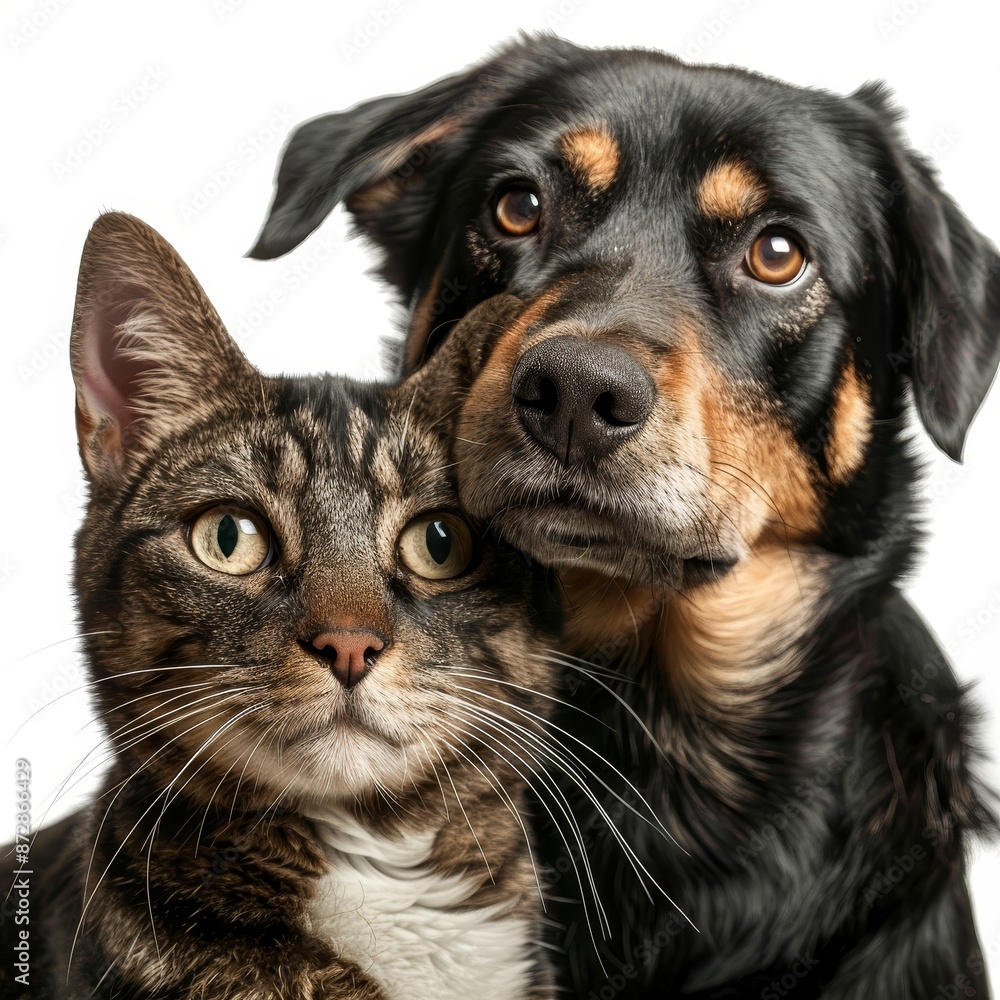 Dog and cat starring at the camera on a white background Dog and cat starring at the camera on a white background
