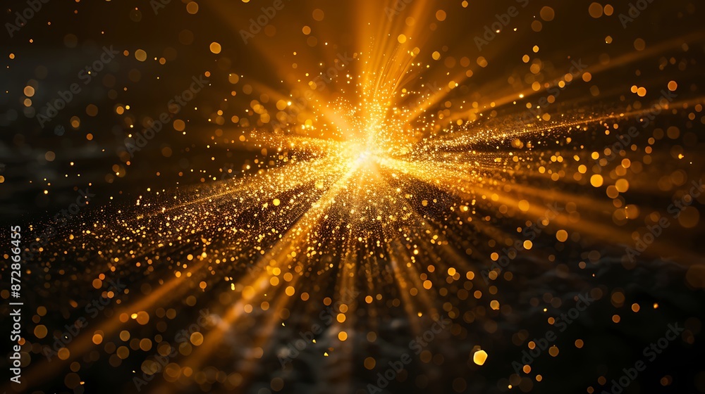 Obraz premium A radiant golden sunburst bursting forth from a velvety black backdrop, illuminating the darkness with its brilliance.