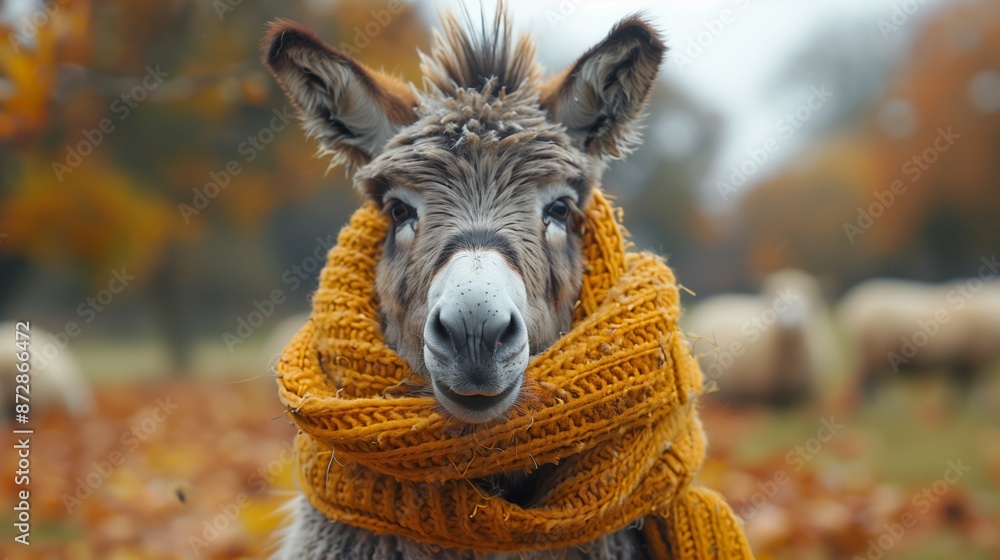 Fototapeta premium Donkey Wearing Yellow Scarf in Autumn Field
