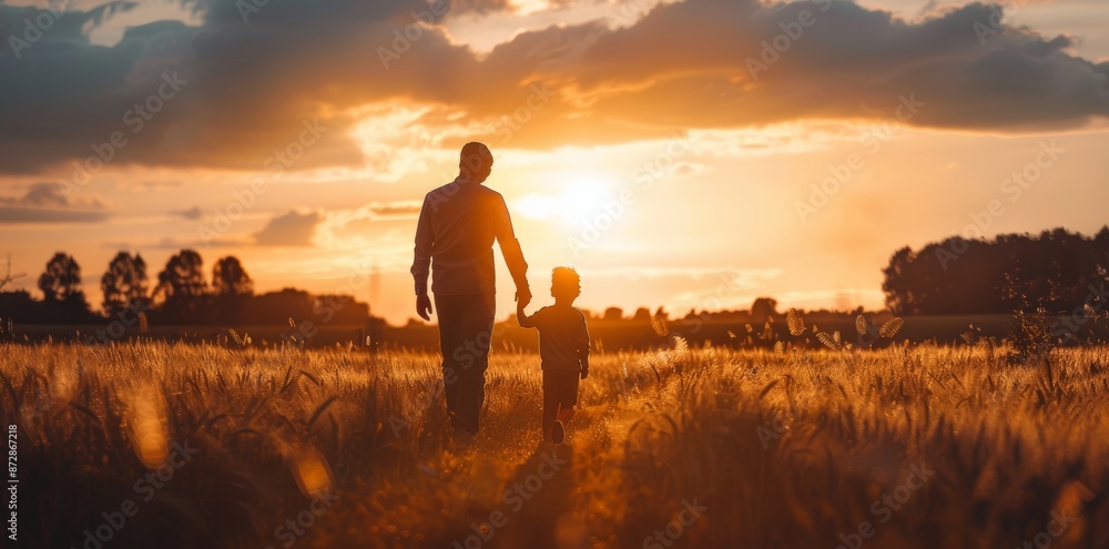 Fototapeta premium An image of a father and boy in the country, depicting fatherhood, country life, farming, and a traditional country lifestyle.