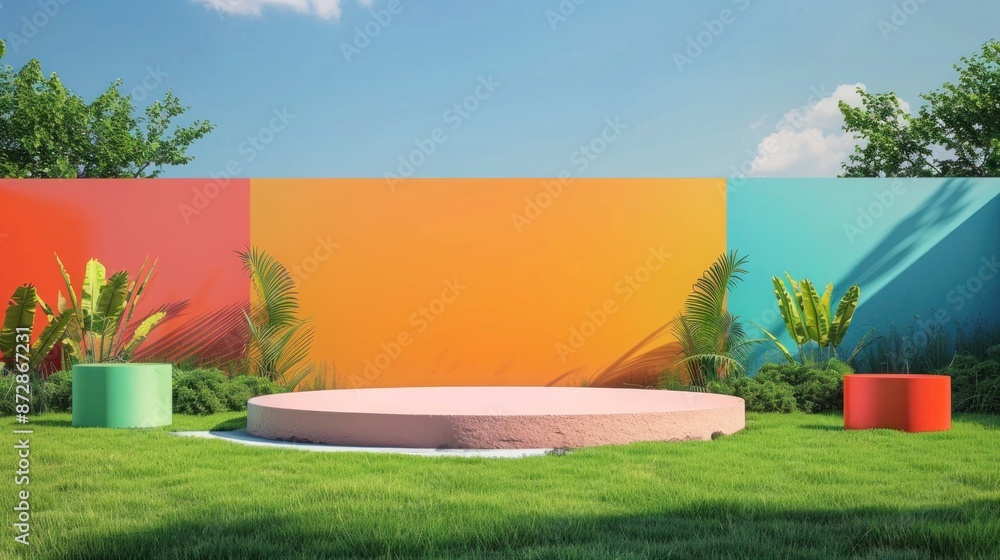 Elegant podium on luxurious lawn, vibrant billboard mockup, and unique colors. Ideal for premium gatherings. Elegant podium on luxurious lawn, vibrant billboard mockup, and unique colors. Ideal for premium gatherings.