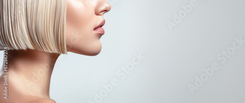 A model with short blonde hair in a straight and sleek bob hairstyle for a close-up profile photo. Banner, a minimalistic background for a hair product ad or hair photoshoot for a magazine cover.