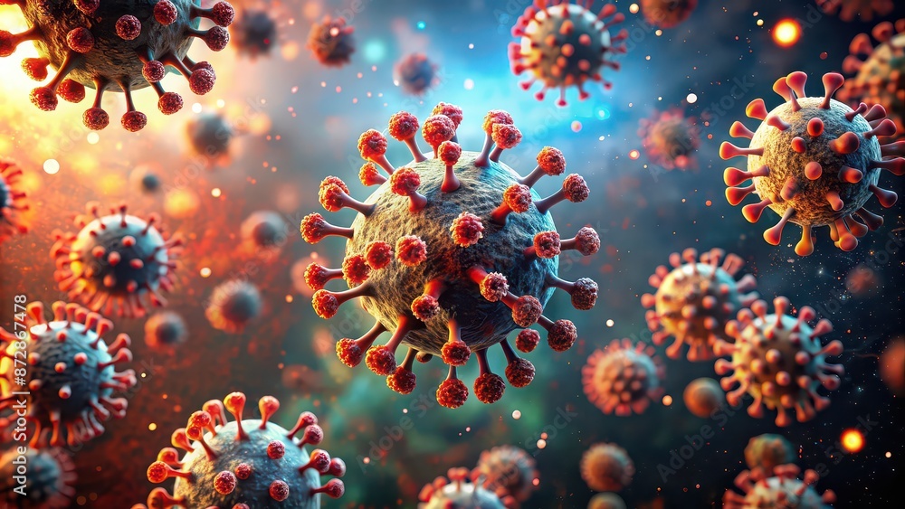 Chaotic apocalyptic backdrop with microscopic coronavirus particles spreading, pandemic, virus, outbreak Chaotic apocalyptic backdrop with microscopic coronavirus particles spreading, pandemic, virus, outbreak
