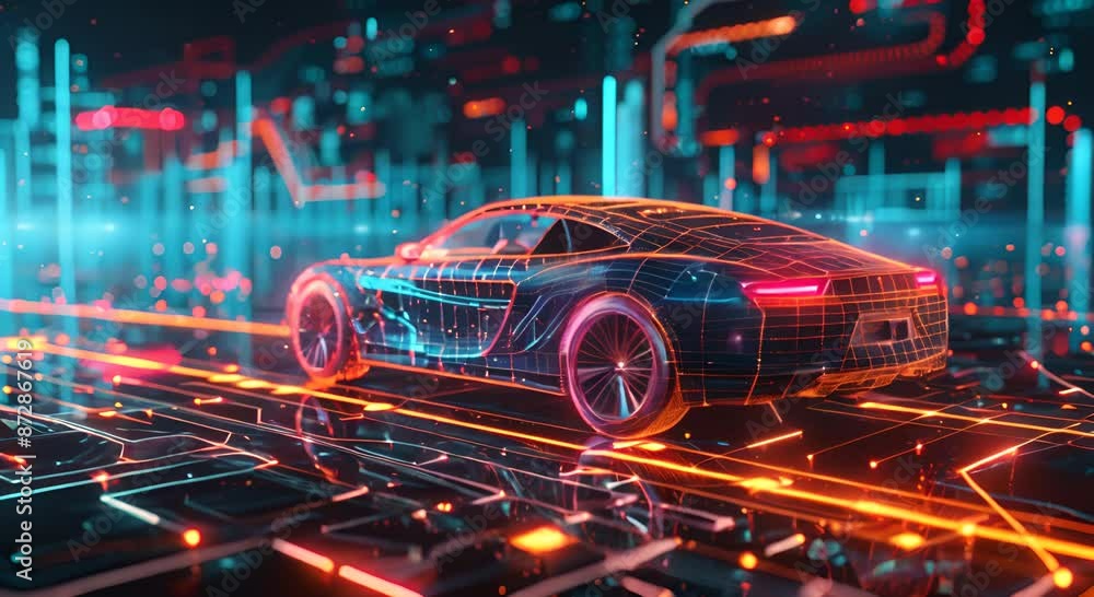 A futuristic car is driving down a road with a city skyline in the background. The car is surrounded by a glowing, neon effect that gives it a futuristic, high-tech appearance A futuristic car is driving down a road with a city skyline in the background. The car is surrounded by a glowing, neon effect that gives it a futuristic, high-tech appearance