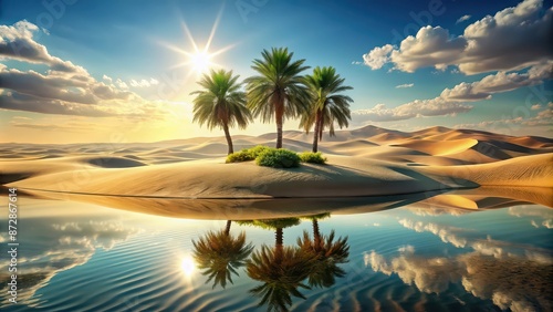 Wallpaper Mural An optical illusion of a shimmering oasis in the middle of a dry desert landscape, mirage, illusion, oasis, desert, heat, dry Torontodigital.ca