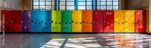 Colorful School Lockers Lined Up In Hallway With Sunlight Streaming In