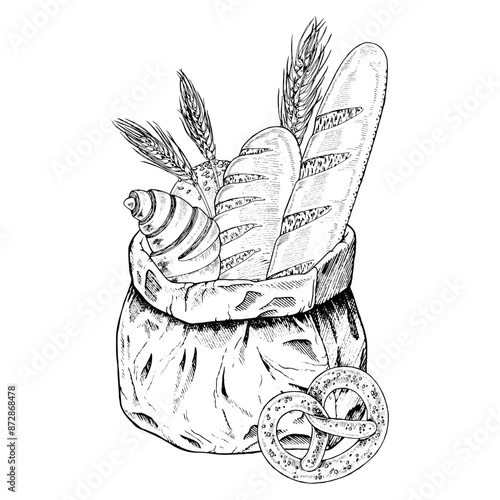 Pastry in a craft paper bag. Vector hand drawn illustration. Baked goods sketch drawing. Vintage black line art drawing with white backgrounds. Food clipart for design. Bread, baguette and croissant