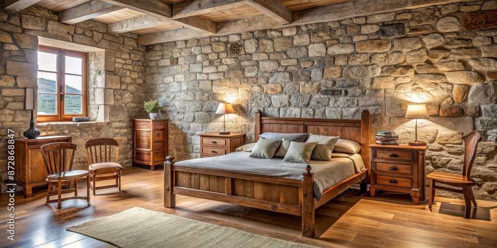 Rustic bedroom with stone wall, wooden furniture, bed, dresser, and chair, rustic, bedroom, stone wall, wooden furniture, bed Rustic bedroom with stone wall, wooden furniture, bed, dresser, and chair, rustic, bedroom, stone wall, wooden furniture, bed