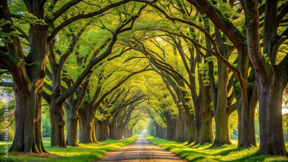Naklejka premium A beautiful spring alley lined with oak trees, spring, alley, oak trees, nature, outdoors, scenic, pathway, sunlight