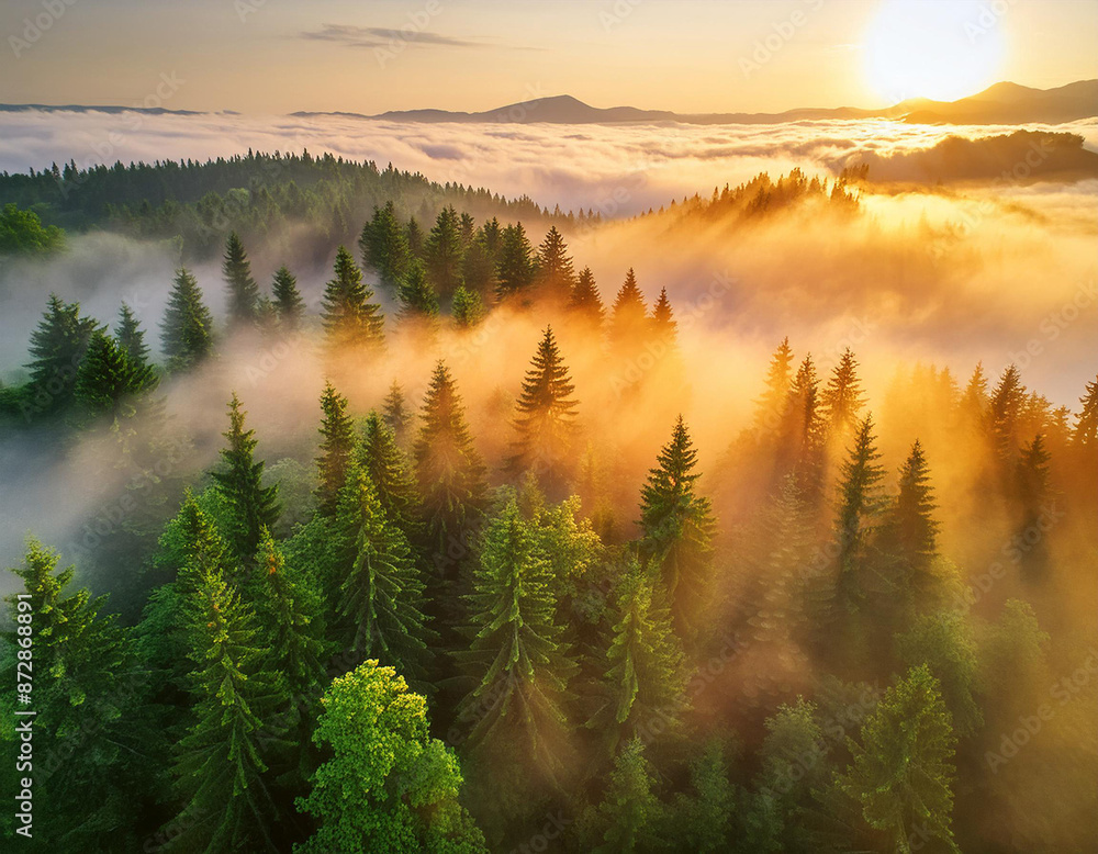 Vue aérienne d'une forêt couverte de brouillard en été au coucher du soleil Vue aérienne d'une forêt couverte de brouillard en été au coucher du soleil