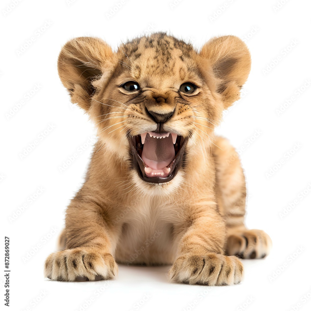 Obraz premium An adorable baby lion cub with a playful roar, showing its tiny teeth on a white background.