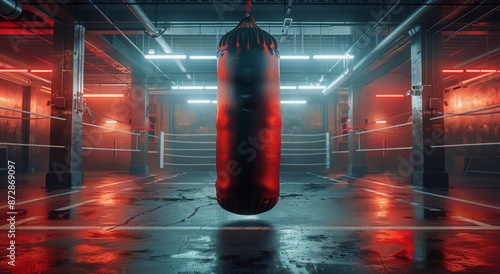 Red Boxing Bag Hanging In A Dark Underground Gym