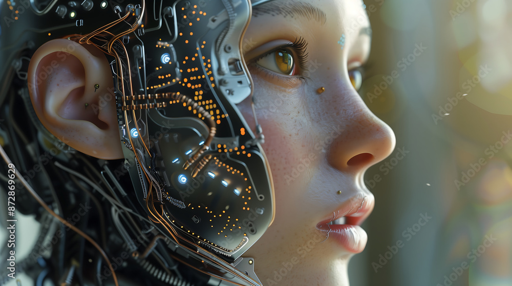 A close-up of an AI robot's face, showing intricate circuitry and glowing lights on its skin. The background is blurred with futuristic elements like floating digital screens or other advanced technol A close-up of an AI robot's face, showing intricate circuitry and glowing lights on its skin. The background is blurred with futuristic elements like floating digital screens or other advanced technol