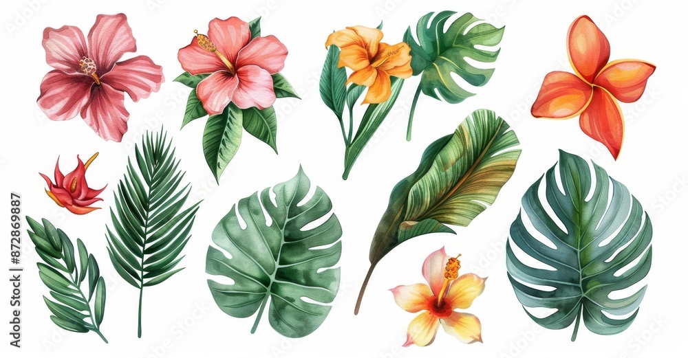 Decorative elements template. Flat cartoon illustration isolated on white background. Tropical floral illustration set in watercolor with green leaves. Decorative elements template. Flat cartoon illustration isolated on white background. Tropical floral illustration set in watercolor with green leaves.