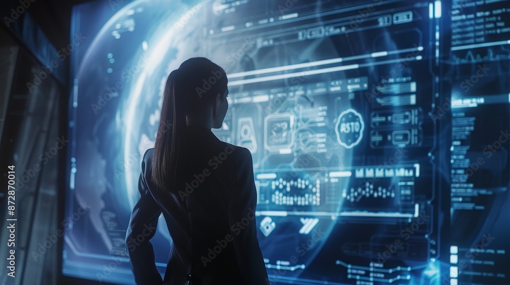 Taking a look at an interface screen of the future, a businesswoman. Taking a look at an interface screen of the future, a businesswoman.