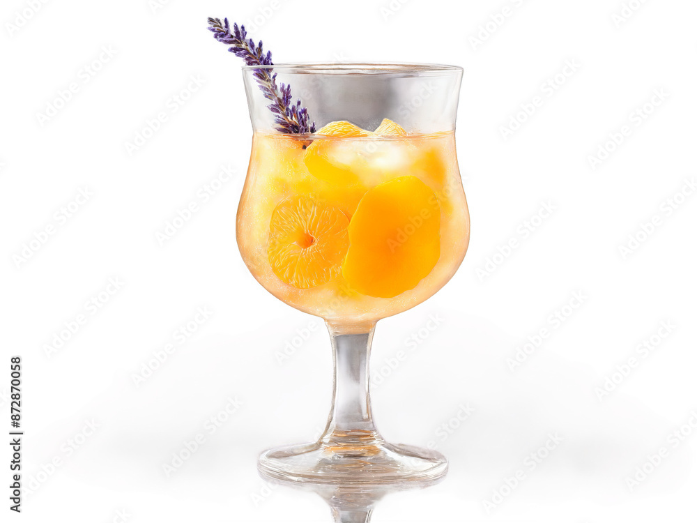 Apricot soda in a wide glass apricot slices and lavender soft orange splash in the Apricot soda in a wide glass apricot slices and lavender soft orange splash in the