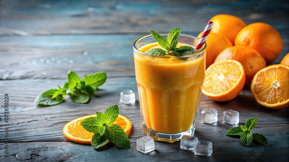 Fototapeta premium Refreshing summer orange smoothie for detox with fresh oranges, ice cubes, and mint leaves, orange, smoothie, detox, healthy