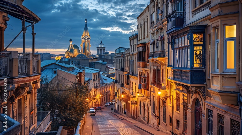 Naklejka premium View of the Baku old town during the blue hour. Beautiful golden colors in the buildings