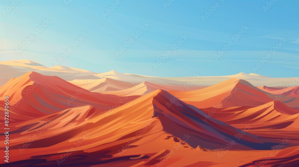 Naklejka premium Illustrate a tranquil desert landscape, with rolling sand dunes, a clear blue sky, and the soft play of light and shadow creating a serene, expansive view.