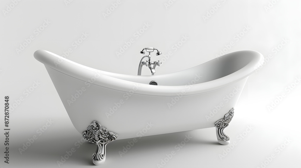 Luxurious white clawfoot bathtub with ornate silver detailing isolated on a white backdrop Luxurious white clawfoot bathtub with ornate silver detailing isolated on a white backdrop