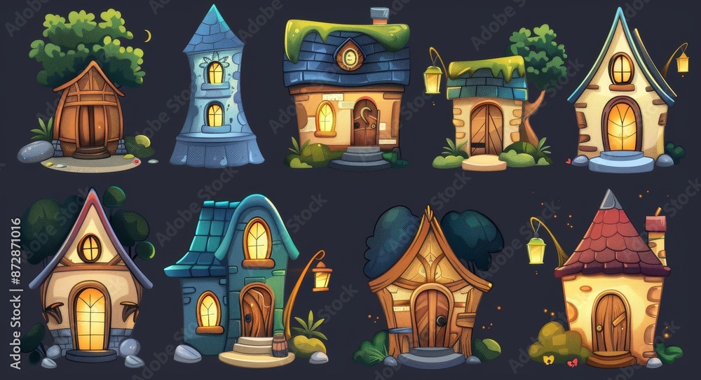 Fototapeta premium An enchanting collection of whimsical fairy tale cottages and magical forest elements, ideal for game design and theme design