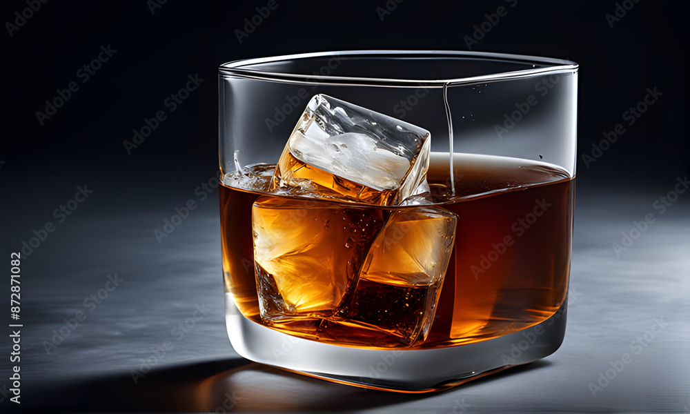 Closeup of a glass of tea with an ice cube, black tea, Ceylon Tea, ice ball, ice water, whisky, ice drink Closeup of a glass of tea with an ice cube, black tea, Ceylon Tea, ice ball, ice water, whisky, ice drink