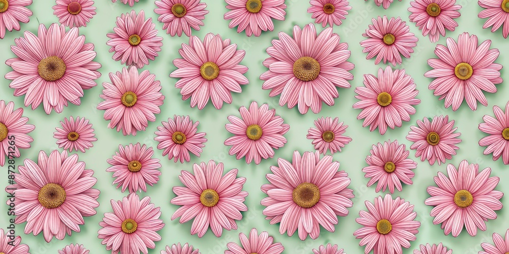 Seamless pattern of pink daisies with modern Scandinavian graphics on a pale green background, floral, daisies, pink Seamless pattern of pink daisies with modern Scandinavian graphics on a pale green background, floral, daisies, pink