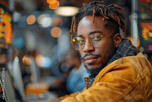 A young man wearing glasses and a yellow jacket, working at a computer in a modern, busy office environment with bokeh lights in the background. © Dacha AI