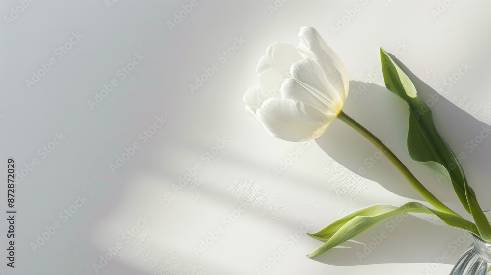 Obraz premium White tulip flower in vase from above on white background