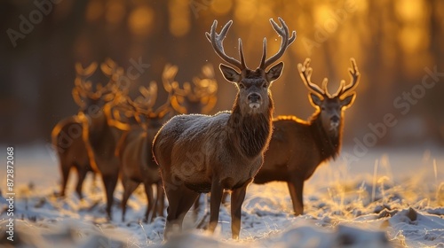 A captivating photo of a group of majestic stags standing in a snowy forest during sunrise, their antlers highlighted by the soft, golden morning light. © Maximages 