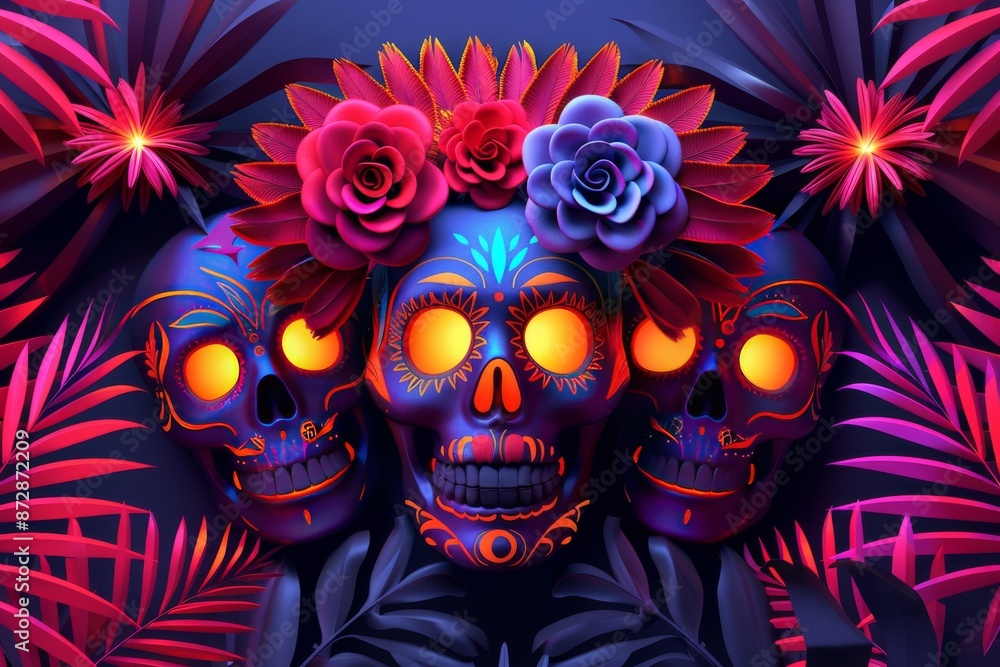 Vibrant illustration of a Dia de los Muertos family with colorful skulls and flowers, showcasing cultural celebration and lively artistry in a detailed, dynamic design. Vibrant illustration of a Dia de los Muertos family with colorful skulls and flowers, showcasing cultural celebration and lively artistry in a detailed, dynamic design.