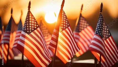 Sunset Over American Flags Display