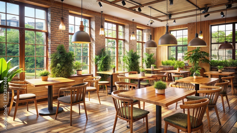 Obraz premium Cozy cafe interior with wooden tables and chairs, filled with natural light , restaurant, coffee shop, cozy, interior