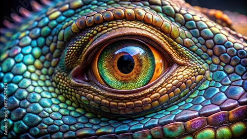 Mesmerizing iridescent eye of a Datnioides Polota reptilian creature , captivating, iridescent, eye, Datnioides Polota photo
