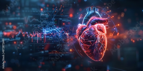 
holographic heart with various health data visualizations and futuristic medical research or heart cardiology health care with diagnosis vitals infographic biometrics for clinical and hospital stetho photo