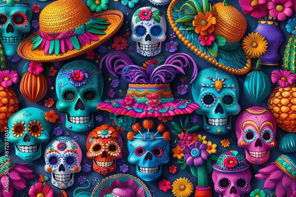Colorful Dia de los Muertos skulls with vibrant floral patterns, showcasing festive Mexican culture and lively celebration in a detailed, dynamic design. Colorful Dia de los Muertos skulls with vibrant floral patterns, showcasing festive Mexican culture and lively celebration in a detailed, dynamic design.