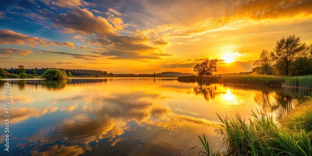 Golden sunset over a peaceful lake in the countryside, sunset, golden hour, nature, landscape, reflection, calm, serene Golden sunset over a peaceful lake in the countryside, sunset, golden hour, nature, landscape, reflection, calm, serene