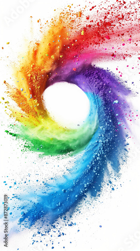 a spiral shape of colours made of Holi powder a.k.a. Festival of Colours in a solid white background. No people. Just colour in the air spread on a solid white background.