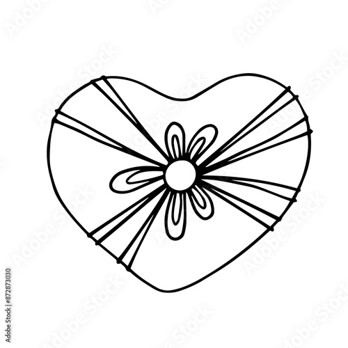 Linear sketch, outline of a gift in festive packaging for Valentine's Day. Vector graphics.