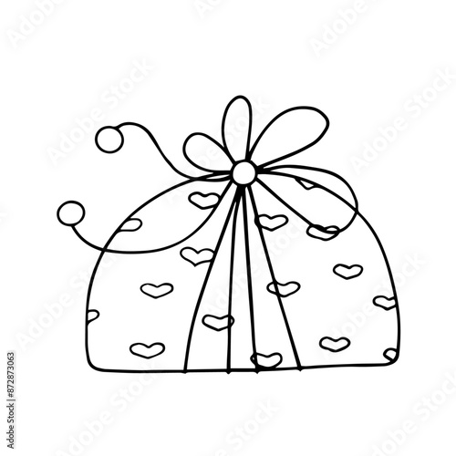 Linear sketch, outline of a gift in festive packaging for Valentine's Day. Vector graphics.