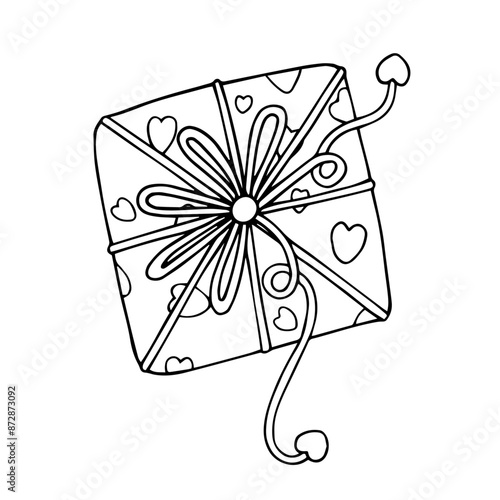Linear sketch, outline of a gift in festive packaging for Valentine's Day. Vector graphics.
