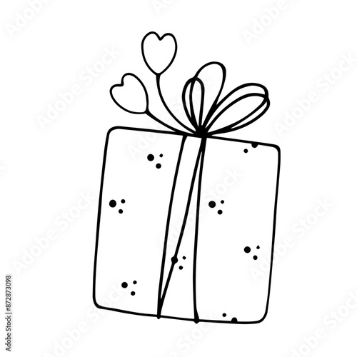 Linear sketch, outline of a gift in festive packaging for Valentine's Day. Vector graphics.