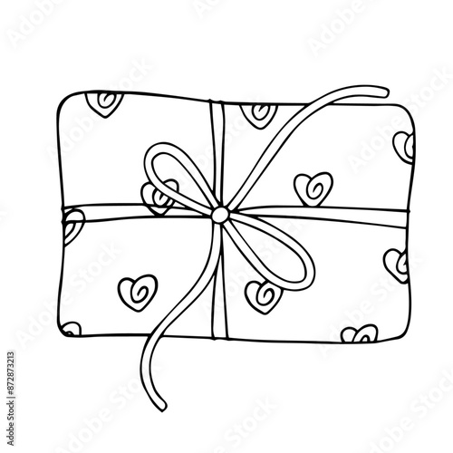 Linear sketch, outline of a gift in festive packaging for Valentine's Day. Vector graphics.