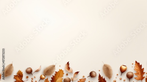 An elegant fall banner with a minimalist design featuring a few scattered acorns and leaves on a neutral background  © Tatiana