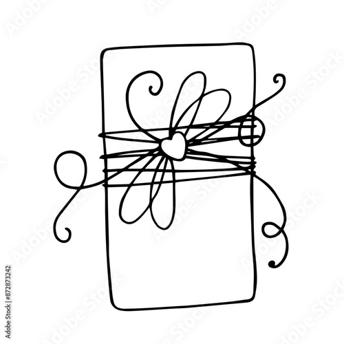 Linear sketch, outline of a gift in festive packaging for Valentine's Day. Vector graphics.